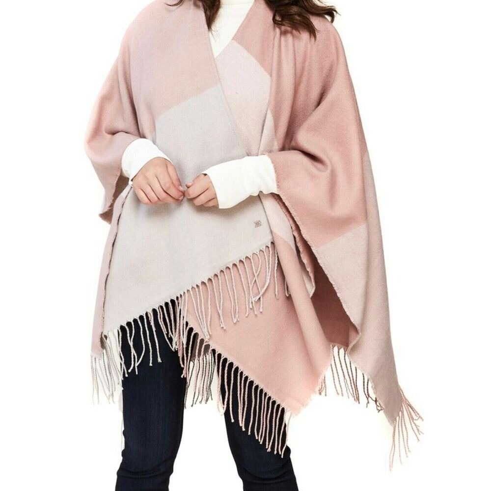 Soia & Kyo Scarfigan‎ OS Taupe Pink Knit Colorblock Fringe Wrap Scarf Office